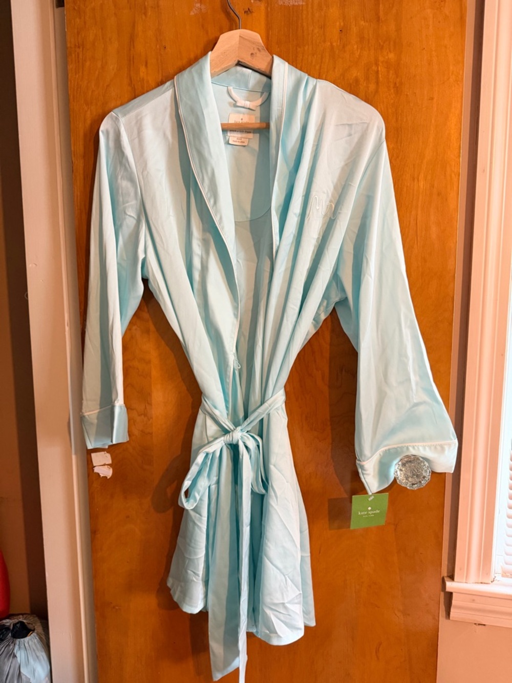 kate spade Aqua Satin Tie-Waist Mrs Robe